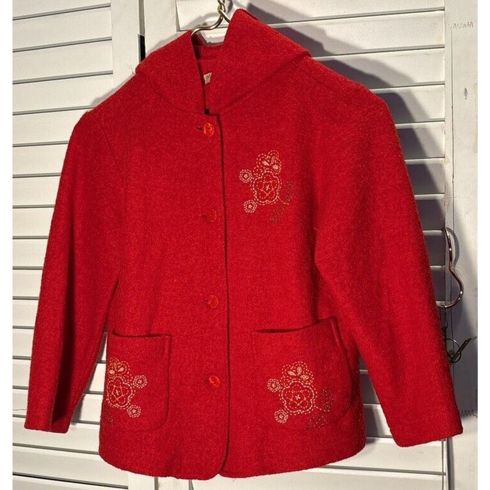 Lovely Vintage Happy Bans Red Embroidered Wool Childs Jacket Korea